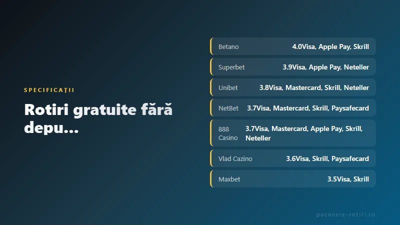 Specificații Rotiri gratuite fără depunere